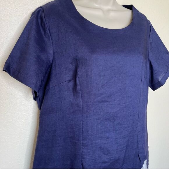 Studio EY Linen Navy White Applique Button Sheath Dress Short Sleeve Women Large - Picture 2 of 12